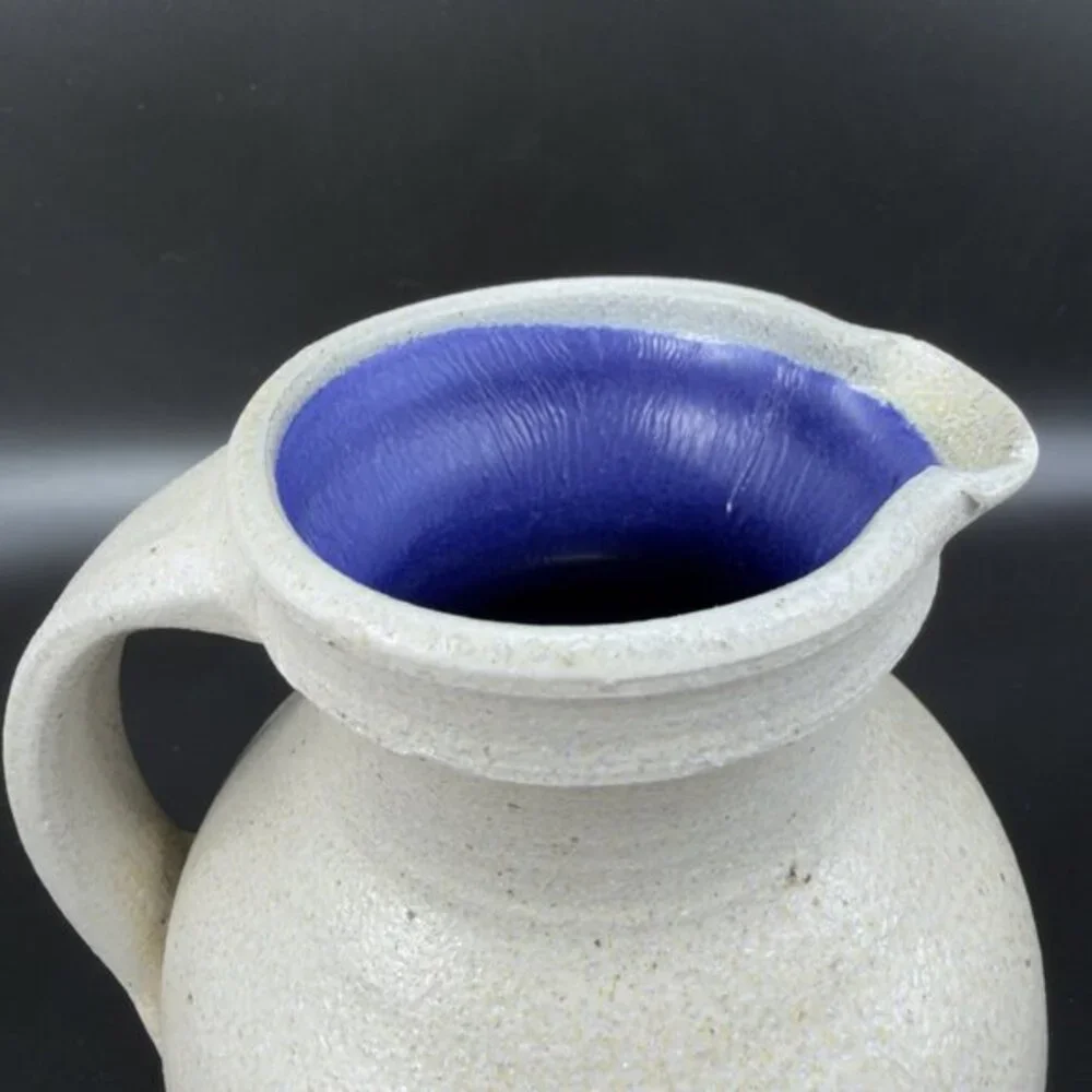 Kings Pottery‎ Seagrove NC Gray W Blue Inside Pitcher Carafe Jug Artist Marked